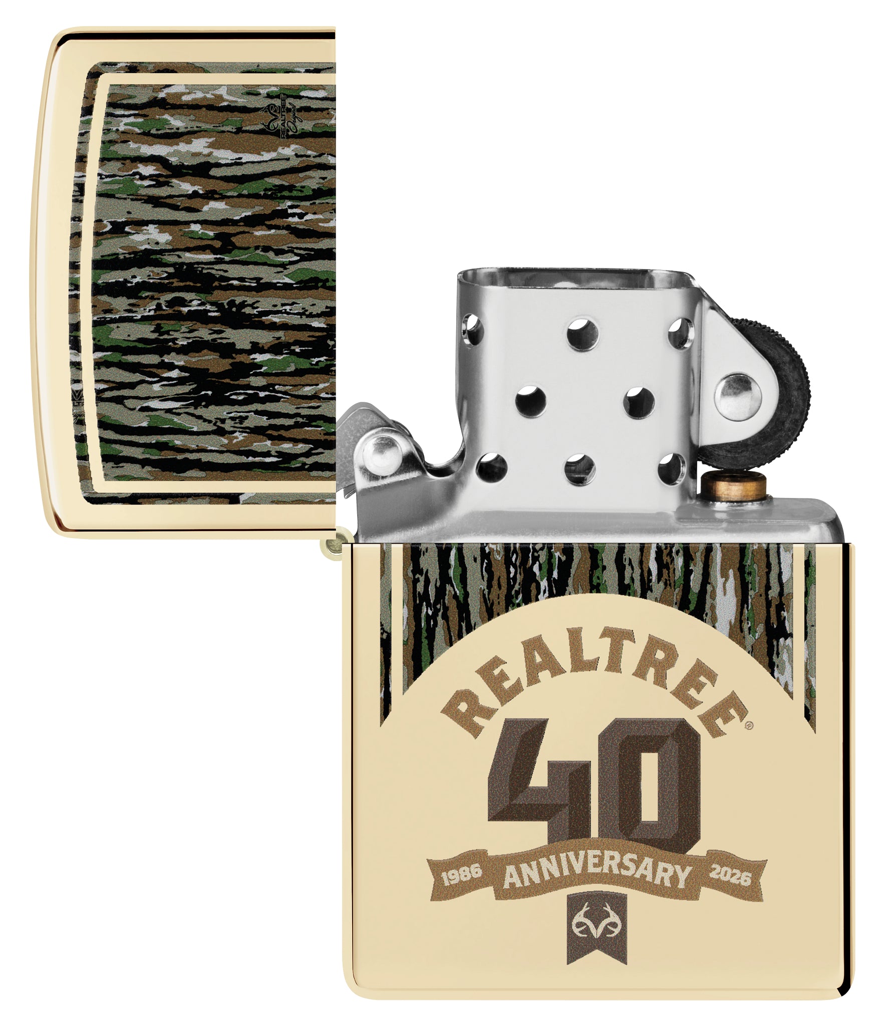 Zippo Realtree® 40th Anniversary Design Champagne Windproof Lighter with its lid open and unlit.