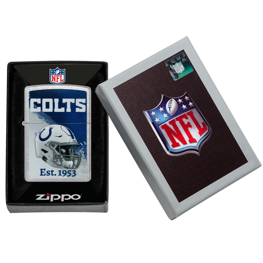 Zippo NFL Indianapolis Colts Helmet Design Street Chrome Windproof Lighter in its packaging.