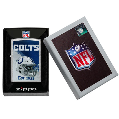 Zippo NFL Indianapolis Colts Helmet Design Street Chrome Windproof Lighter in its packaging.