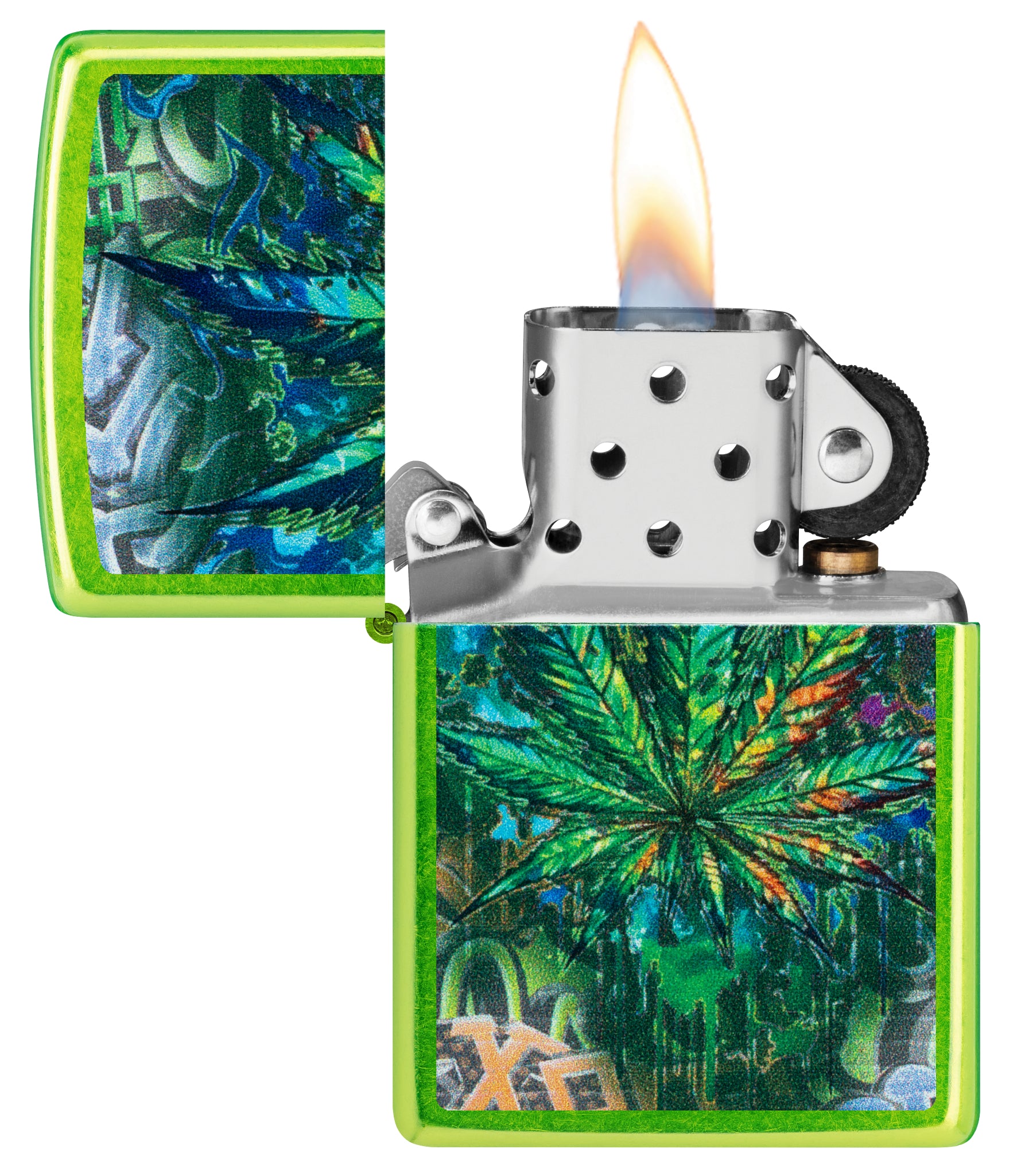 Zippo Graffiti Leaf Design Lurid Windproof Lighter with its lid open and lit.