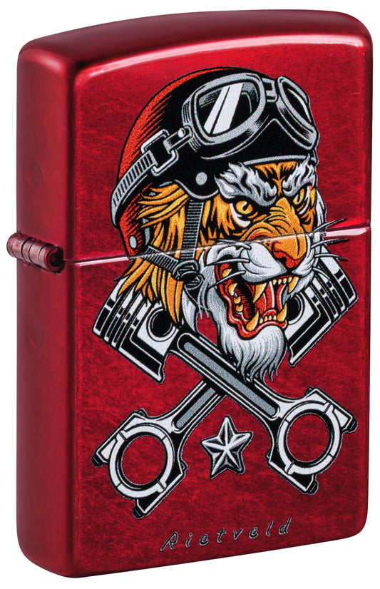 Front shot of Zippo Rietveld Tiger Design Candy Apple Red Windproof Lighter standing at a 3/4 angle.