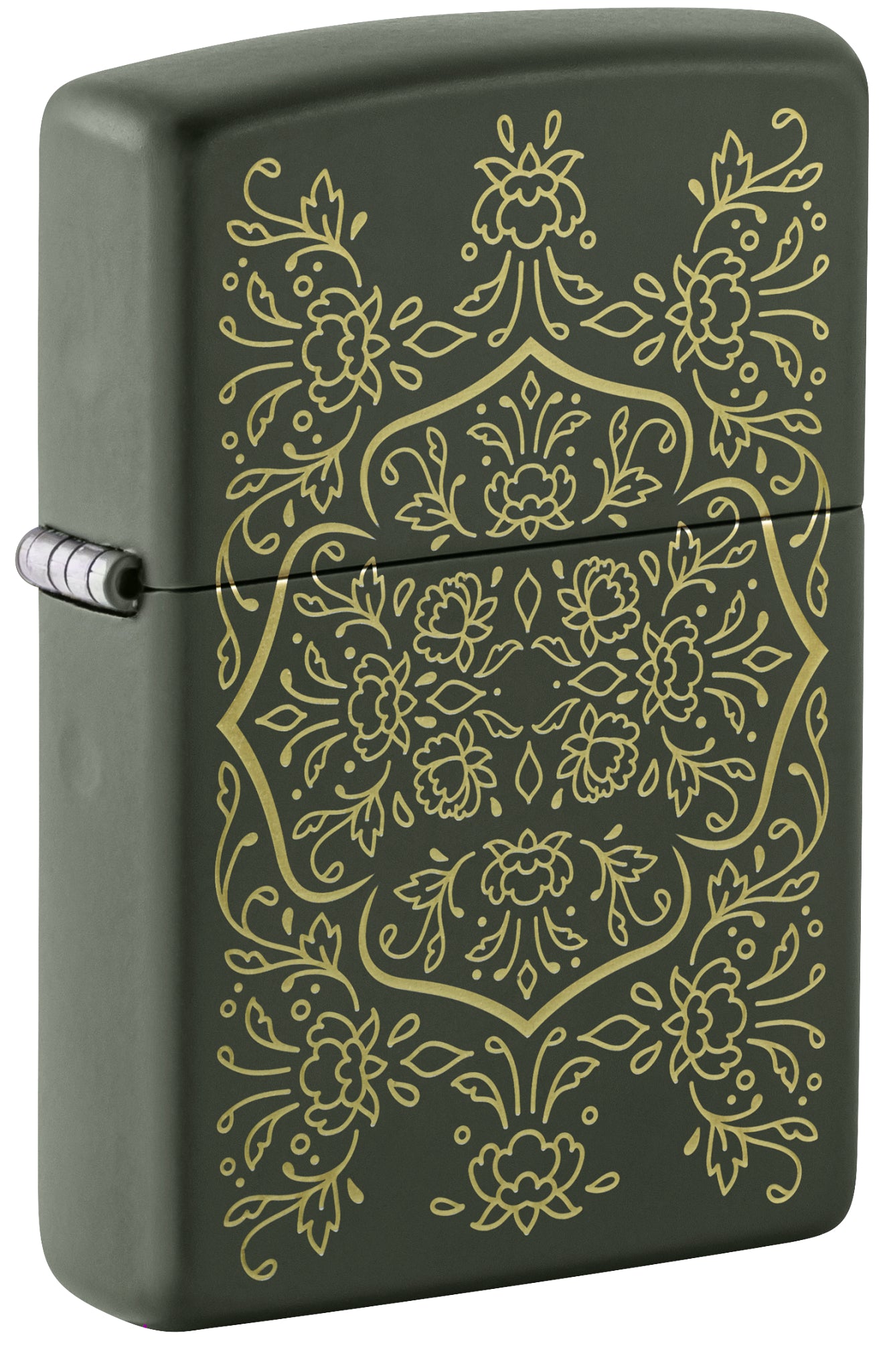 Front shot of Zippo Floral Mandala Design Green Matte Windproof Lighter standing at a 3/4 angle.