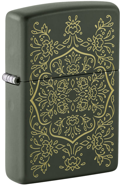 Front shot of Zippo Floral Mandala Design Green Matte Windproof Lighter standing at a 3/4 angle.