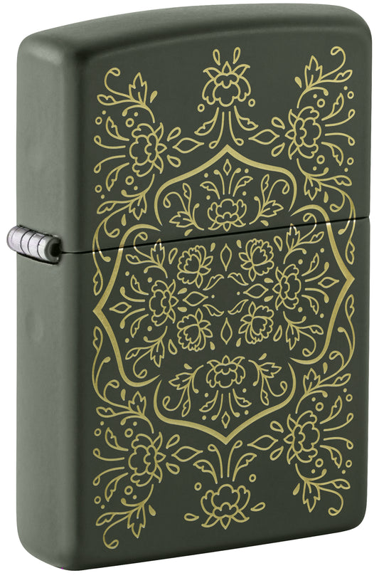 Front shot of Zippo Floral Mandala Design Green Matte Windproof Lighter standing at a 3/4 angle.