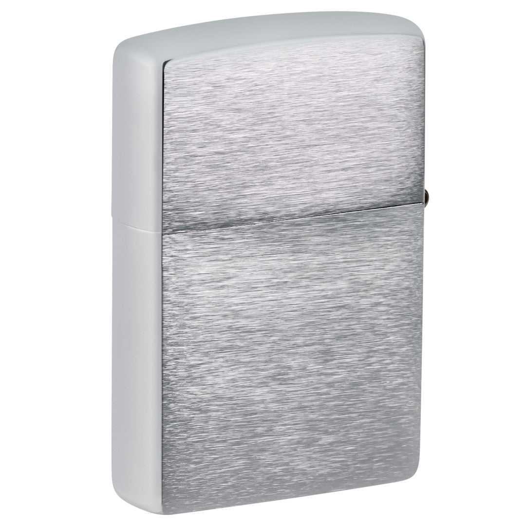 Back view of Zippo RAM Flag Design Brushed Chrome Windproof Lighter standing at a 3/4 angle.