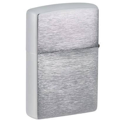 Back view of Zippo RAM Flag Design Brushed Chrome Windproof Lighter standing at a 3/4 angle.