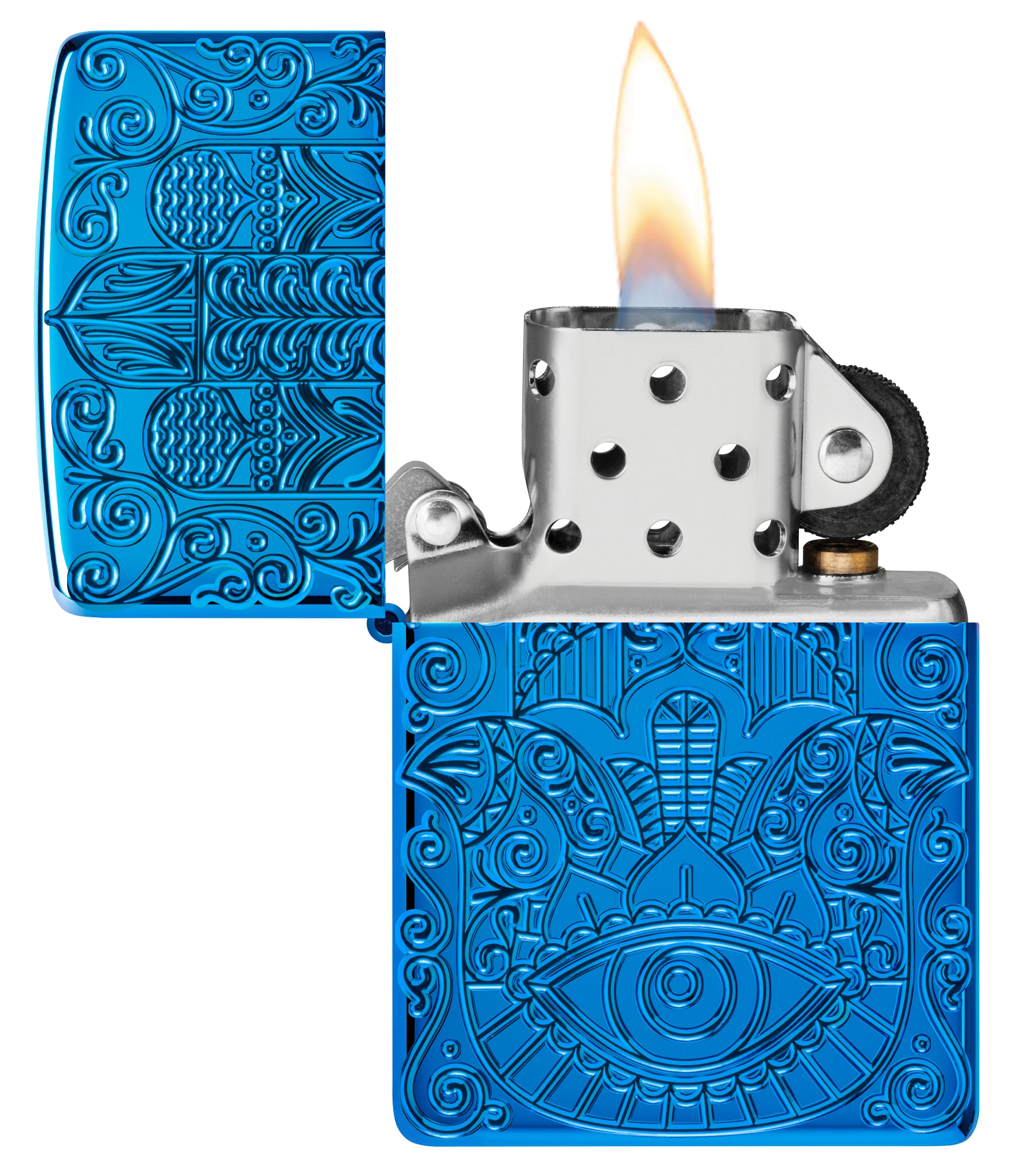 Zippo Hamsa Armor® High Polish Blue Windproof Lighter with its lid open and lit.