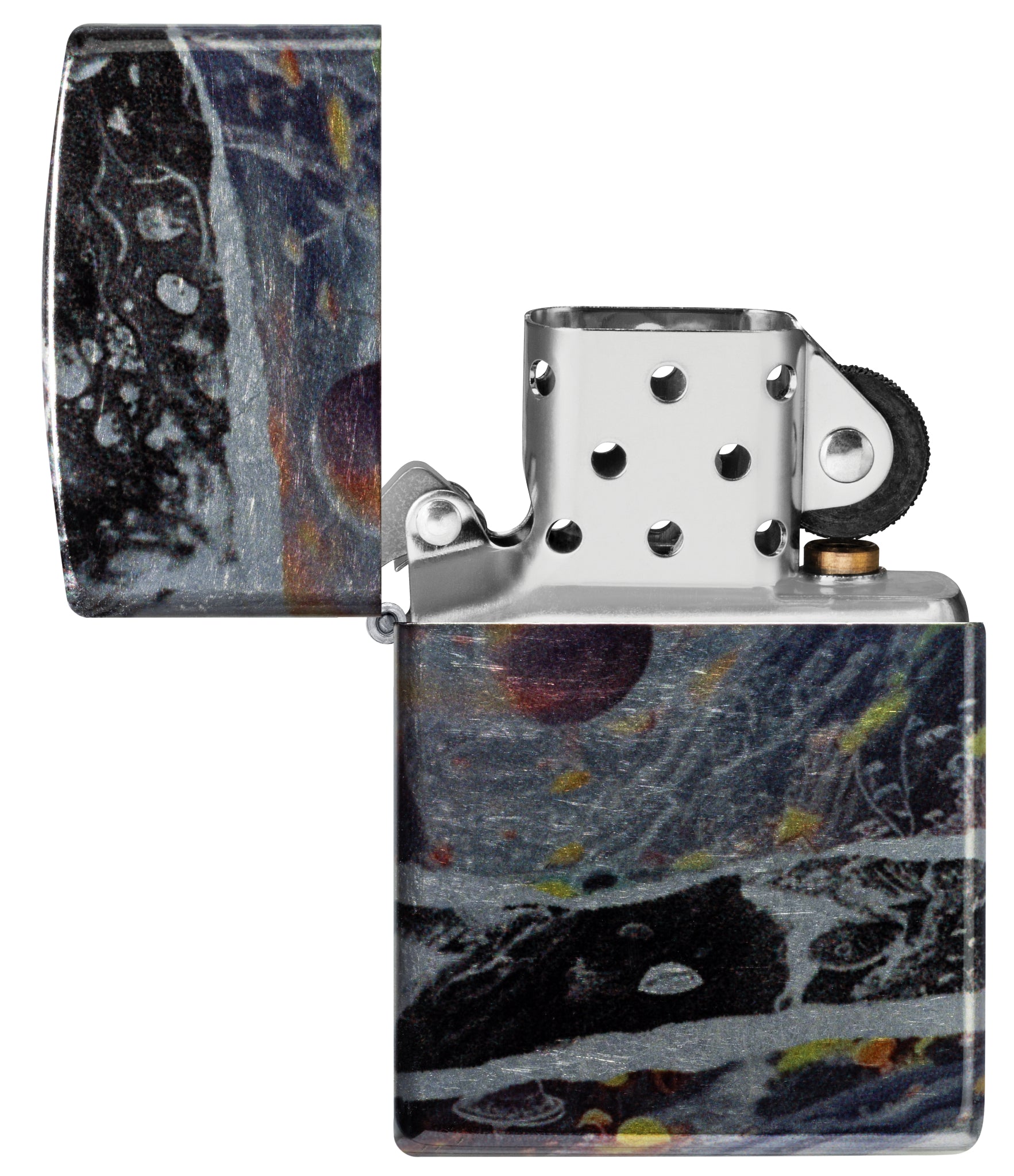 Zippo Fusion Galaxy Design 540 Tumbled Chrome Windproof Lighter with its lid open and unlit.
