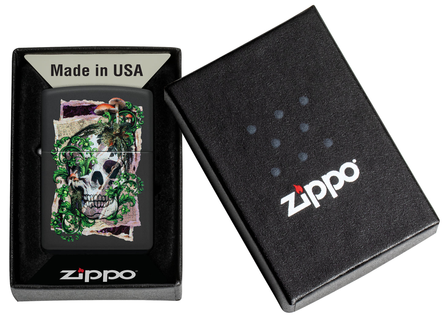 Zippo Skull Collage Design Black Matte Windproof Lighter in its packaging.