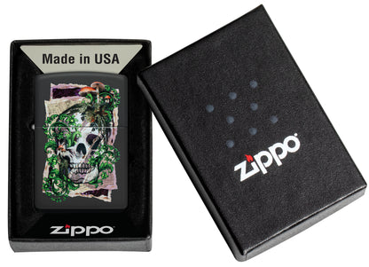 Zippo Skull Collage Design Black Matte Windproof Lighter in its packaging.