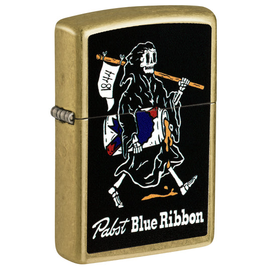Front shot of Zippo Pabst Blue Ribbon® Reaper Design Street Brass Windproof Lighter standing at a 3/4 angle.