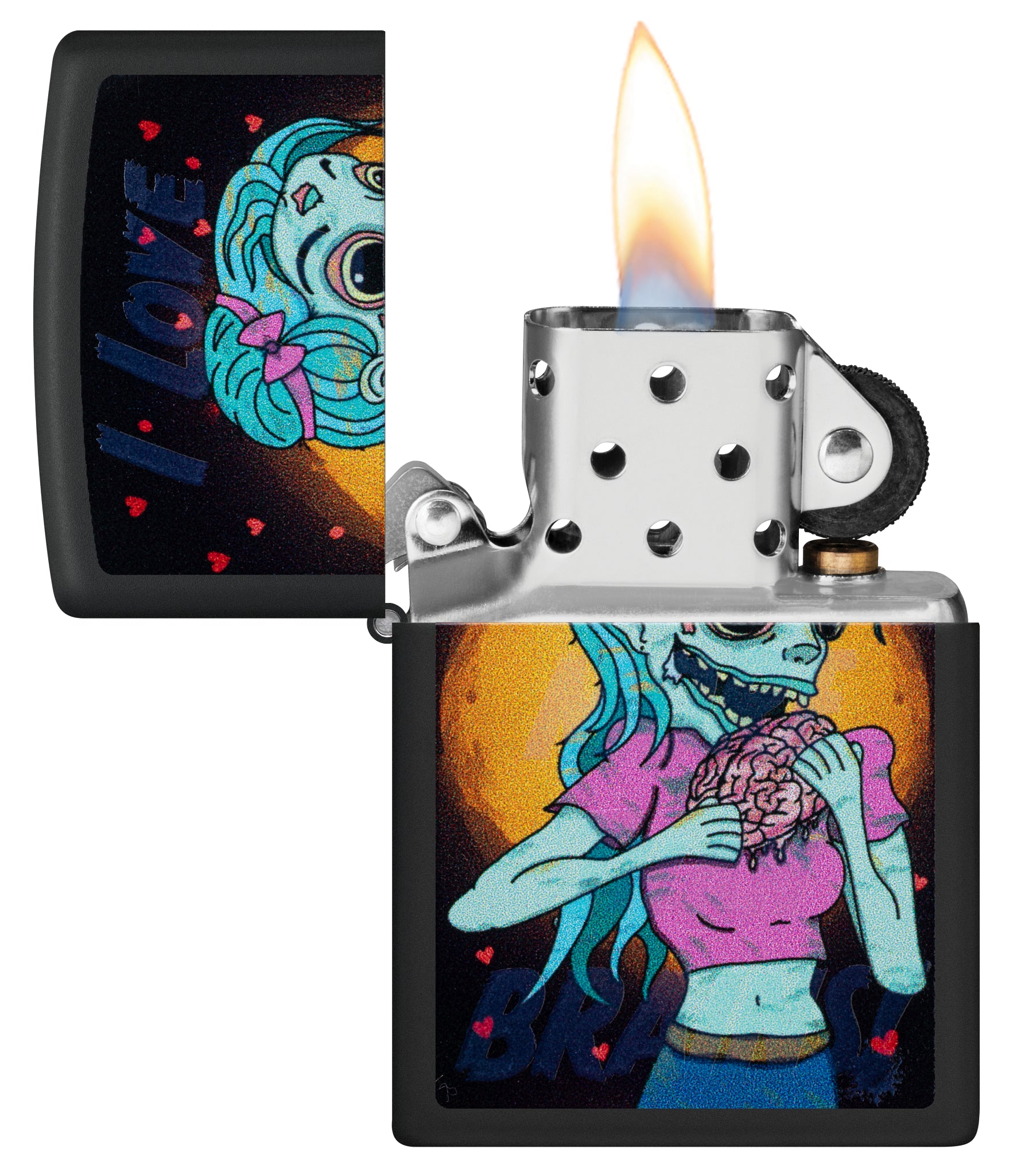 Zippo Black Light Brainiac Design Black Matte Windproof Lighter with its lid open and lit.