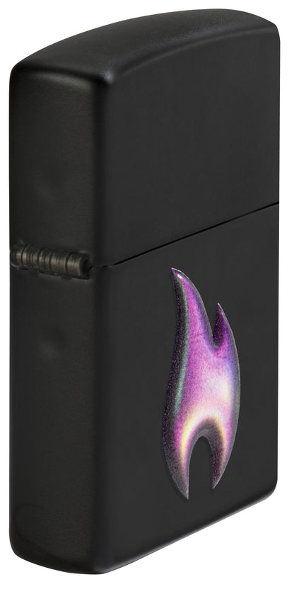 Zippo Texture Flame Design Black Matte Windproof Lighter standing at an angle, showing the texture print.