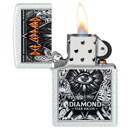 Zippo Def Leppard Diamond Star Halos Design Glacier Windproof Lighter with its lid open and lit.
