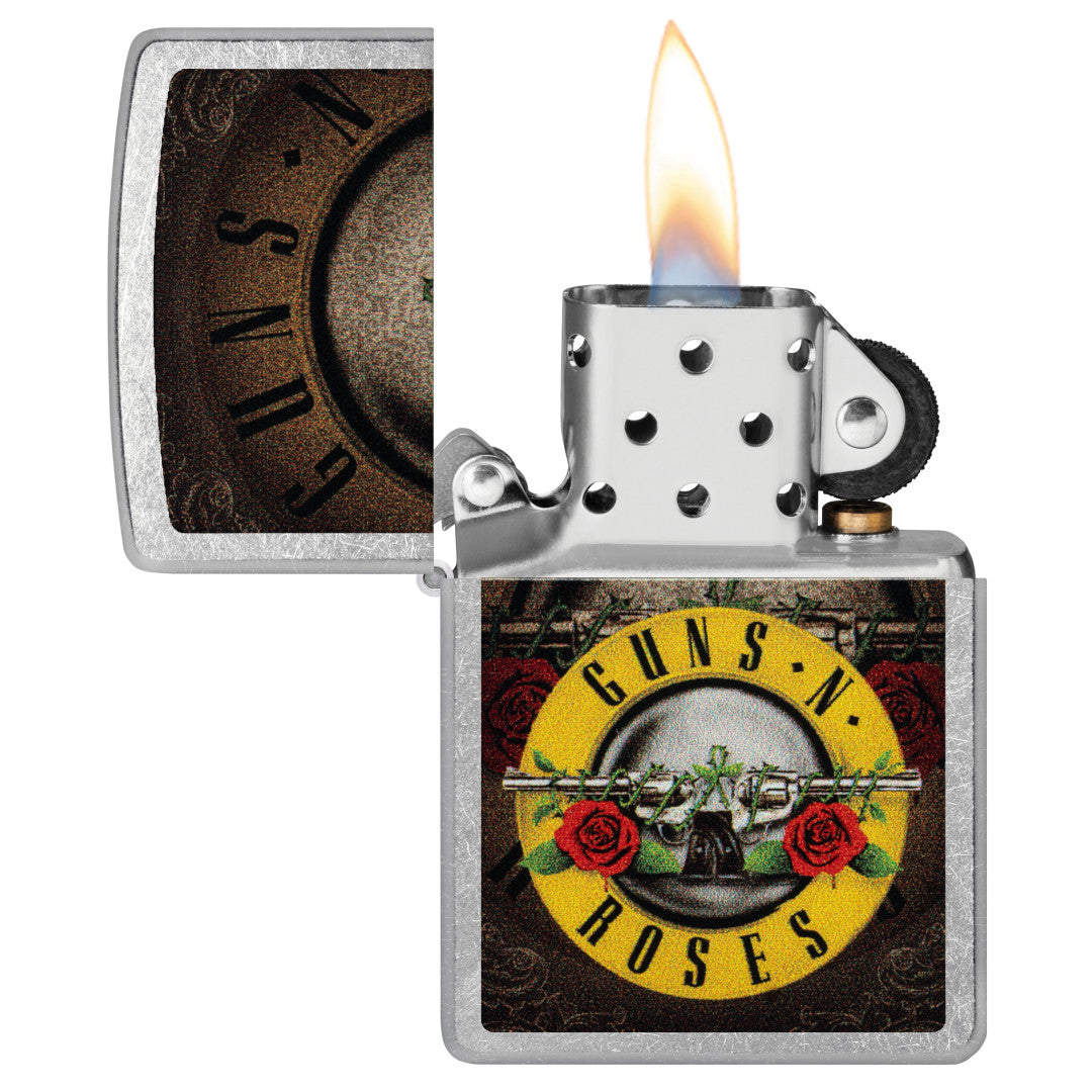 Zippo Guns N' Roses Logo Design Street Chrome Windproof Lighter with its lid open and lit.