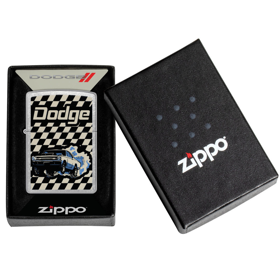 Zippo Dodge Dart Design Street Chrome Windproof Lighter in its packaging.