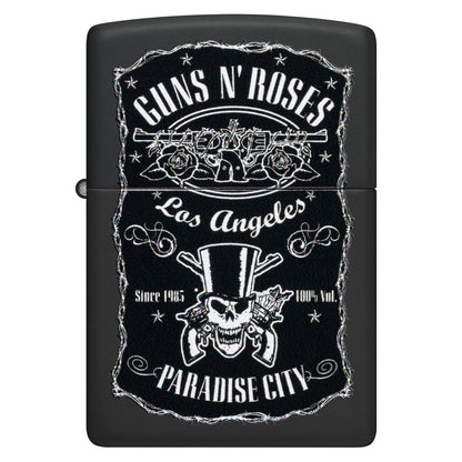 Front view of Zippo Guns N' Roses Paradise City Design Black Matte Windproof Lighter.