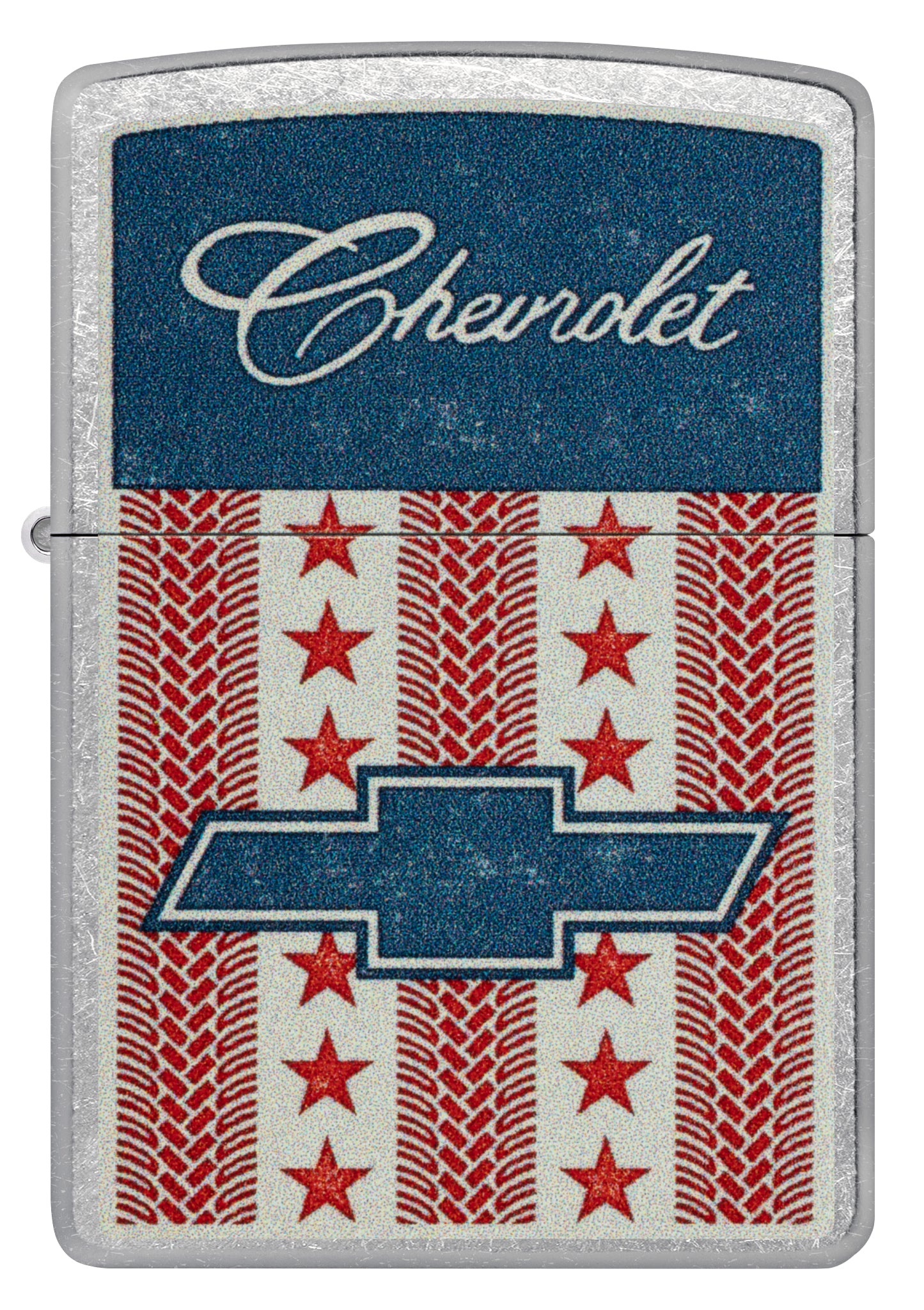 Front view of Zippo Chevrolet® Stars and Stripes Design Street Chrome Windproof Lighter.