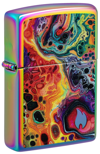 Front shot of Zippo Mesmerizing Magma Design Multi-Color Windproof Lighter standing at a 3/4 angle.