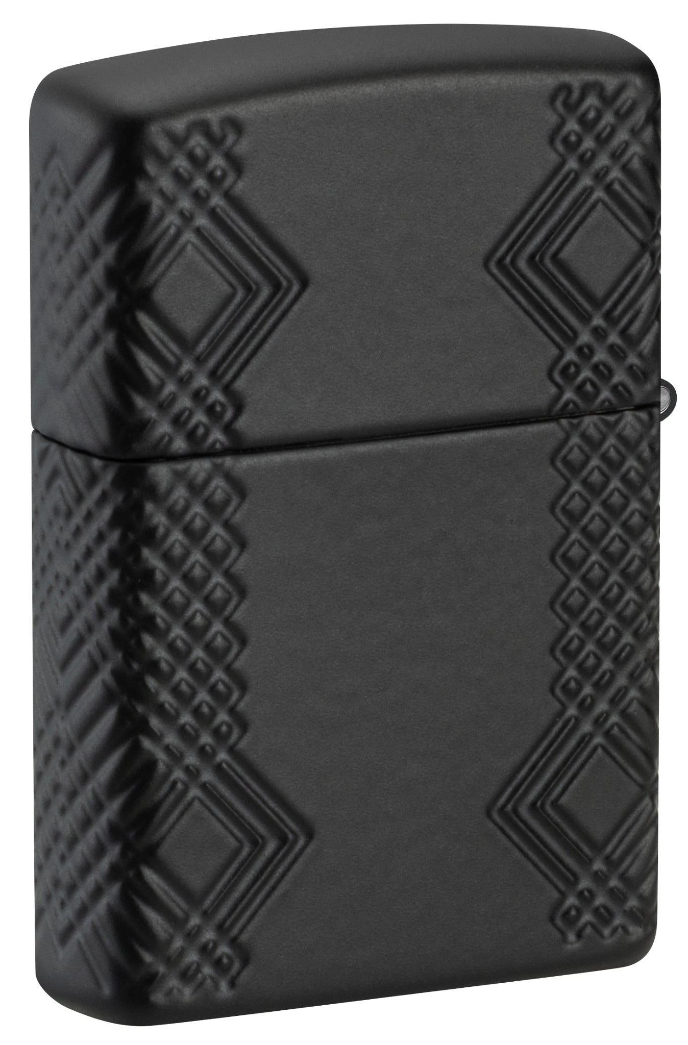 Back view of Zippo Rivet Flame Armor® Black Matte Windproof Lighter standing at a 3/4 angle.