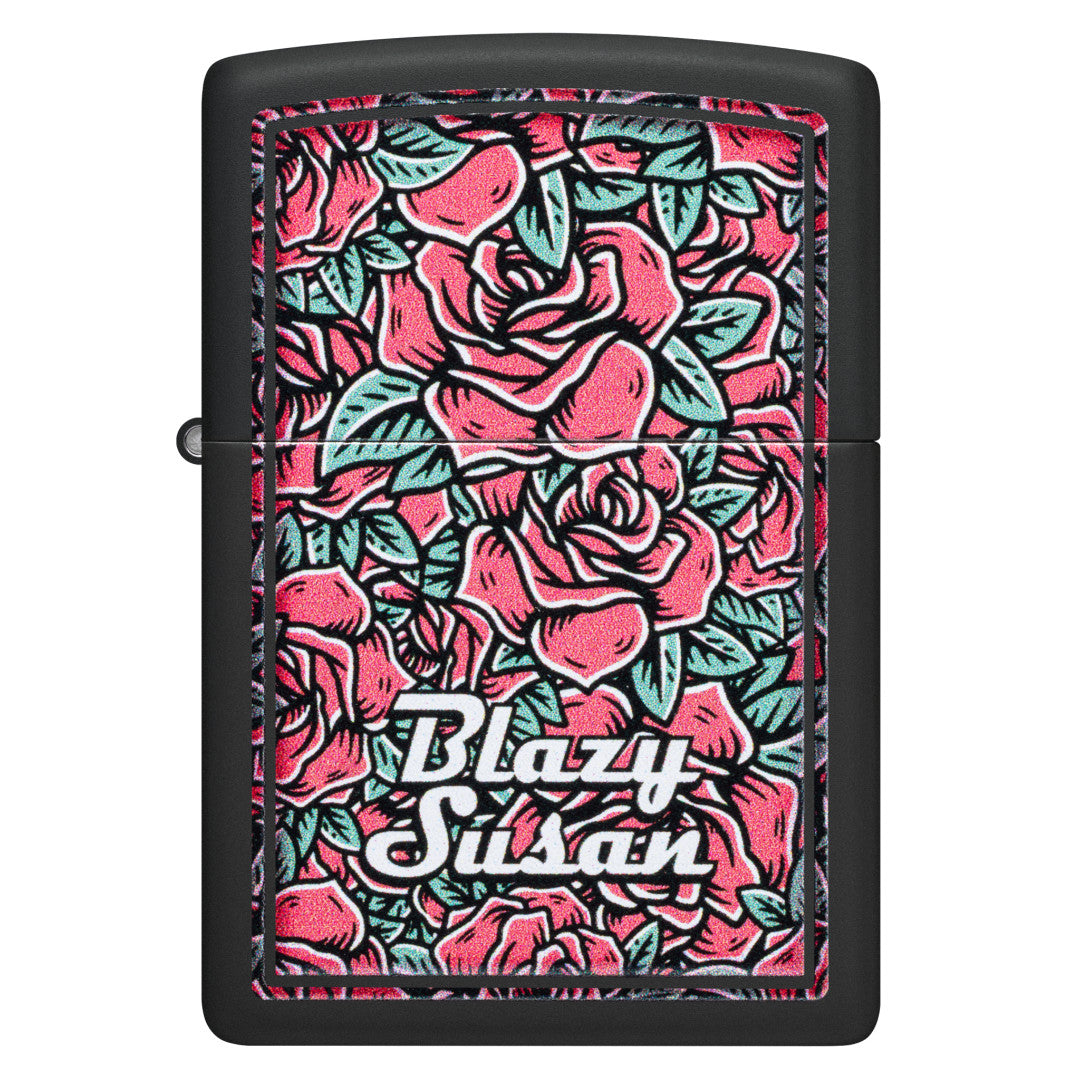 Front view of Zippo Blazy Susan Roses Design Black Matte Windproof Lighter.