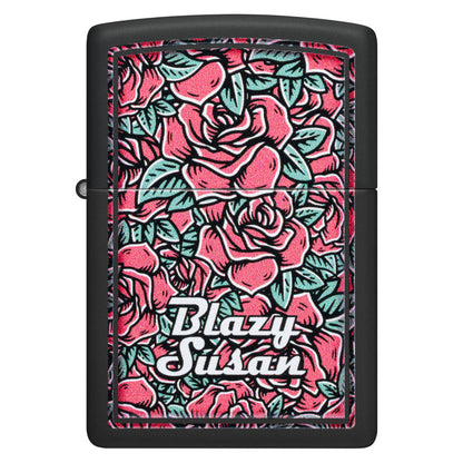 Front view of Zippo Blazy Susan Roses Design Black Matte Windproof Lighter.