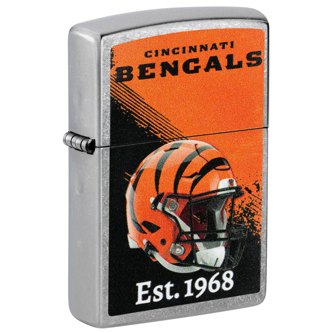 Front shot of Zippo NFL Cincinnati Bengals Helmet Design Street Chrome Windproof Lighter standing at a 3/4 angle.