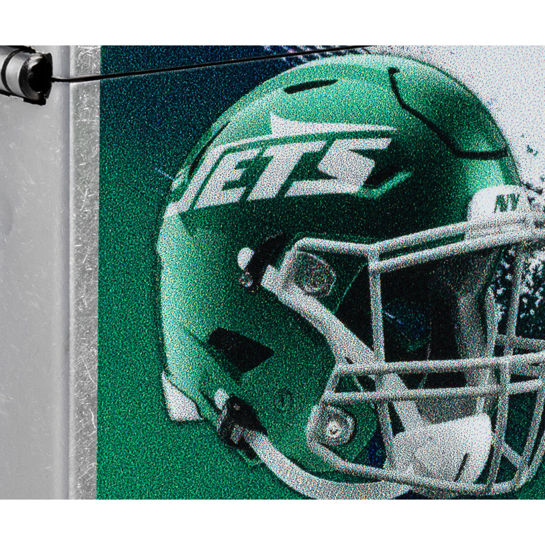 Front view of Zippo NFL New York Jets Helmet Design Street Chrome Windproof Lighter close up to show the detail of the lighter.