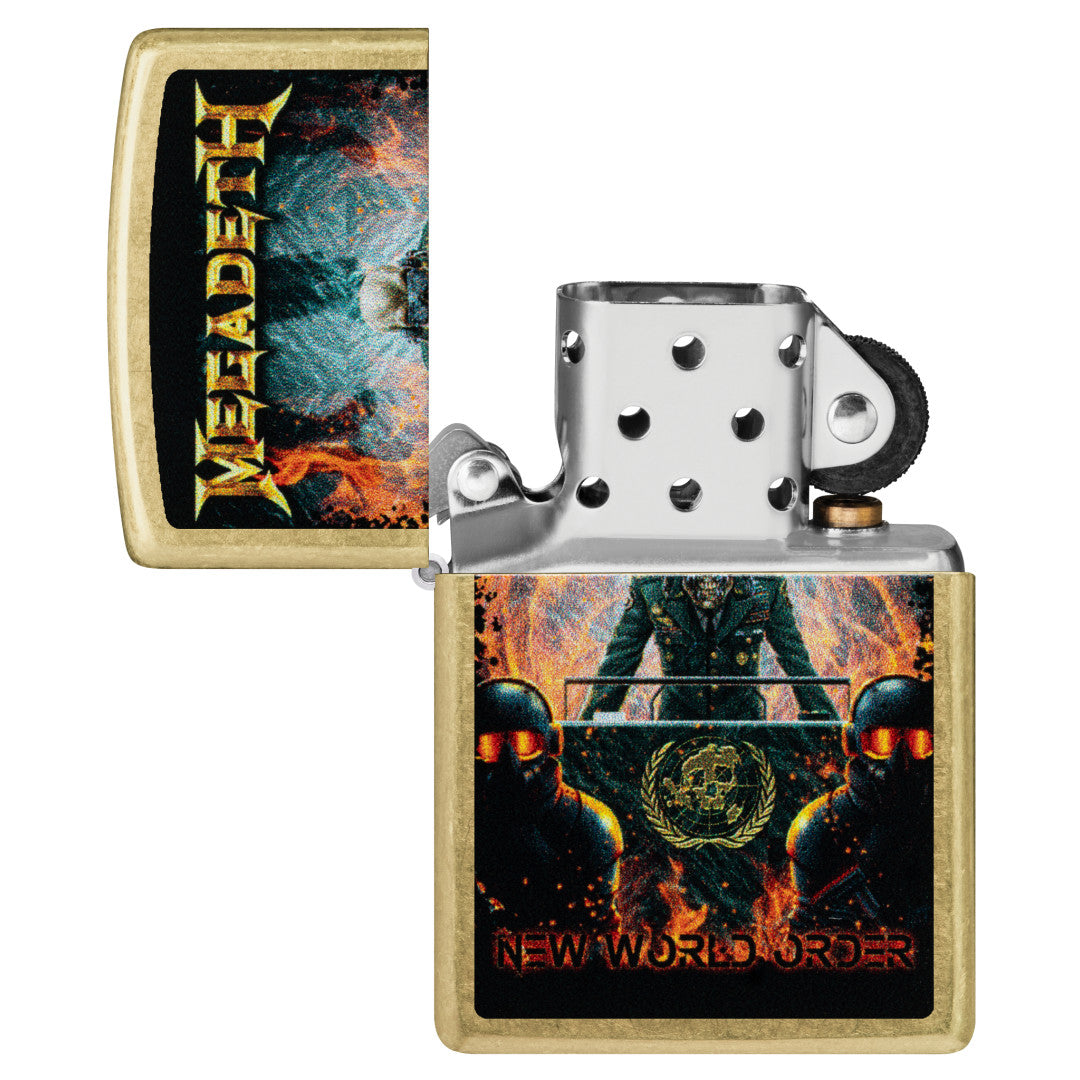 Zippo Megadeth New World Order Design Street Brass Windproof Lighter with its lid open and unlit.