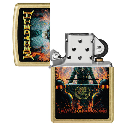 Zippo Megadeth New World Order Design Street Brass Windproof Lighter with its lid open and unlit.