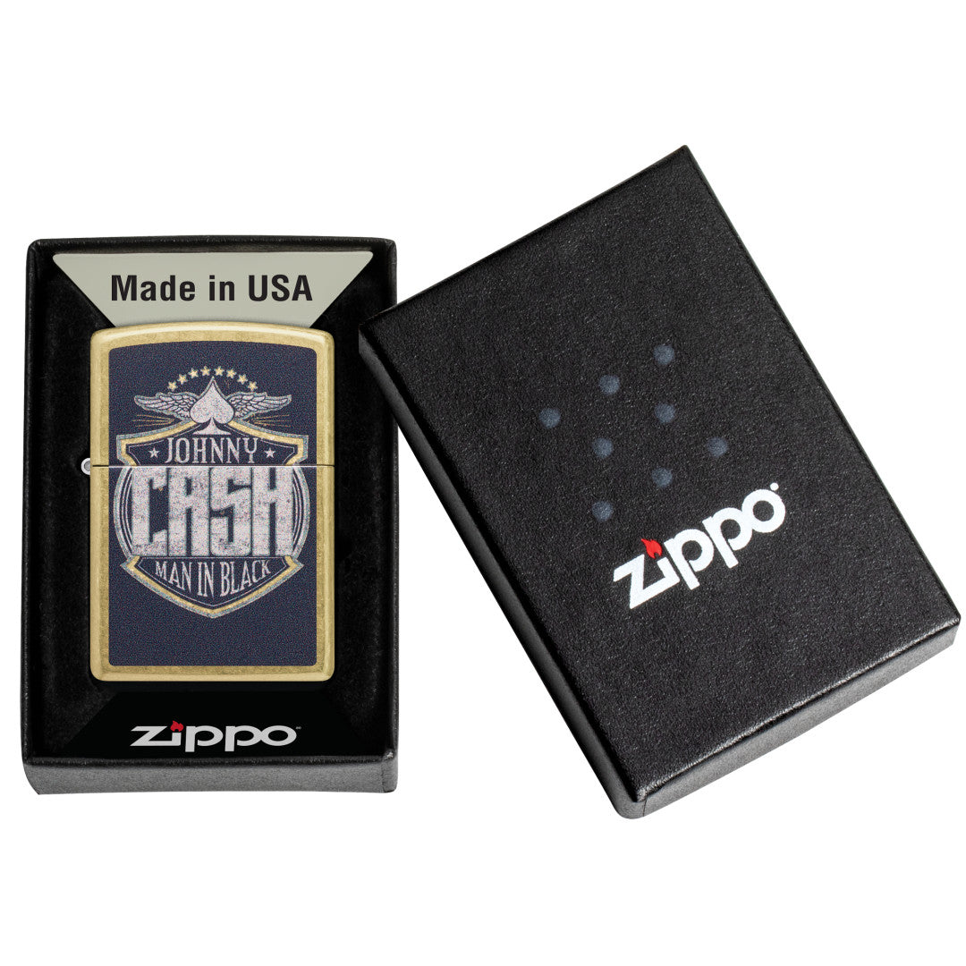 Zippo Johnny Cash Crest Design Street Brass Windproof Lighter in its packaging.