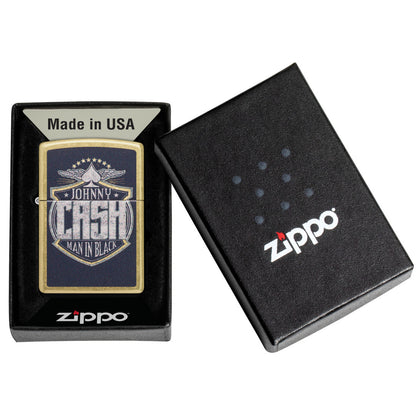 Zippo Johnny Cash Crest Design Street Brass Windproof Lighter in its packaging.
