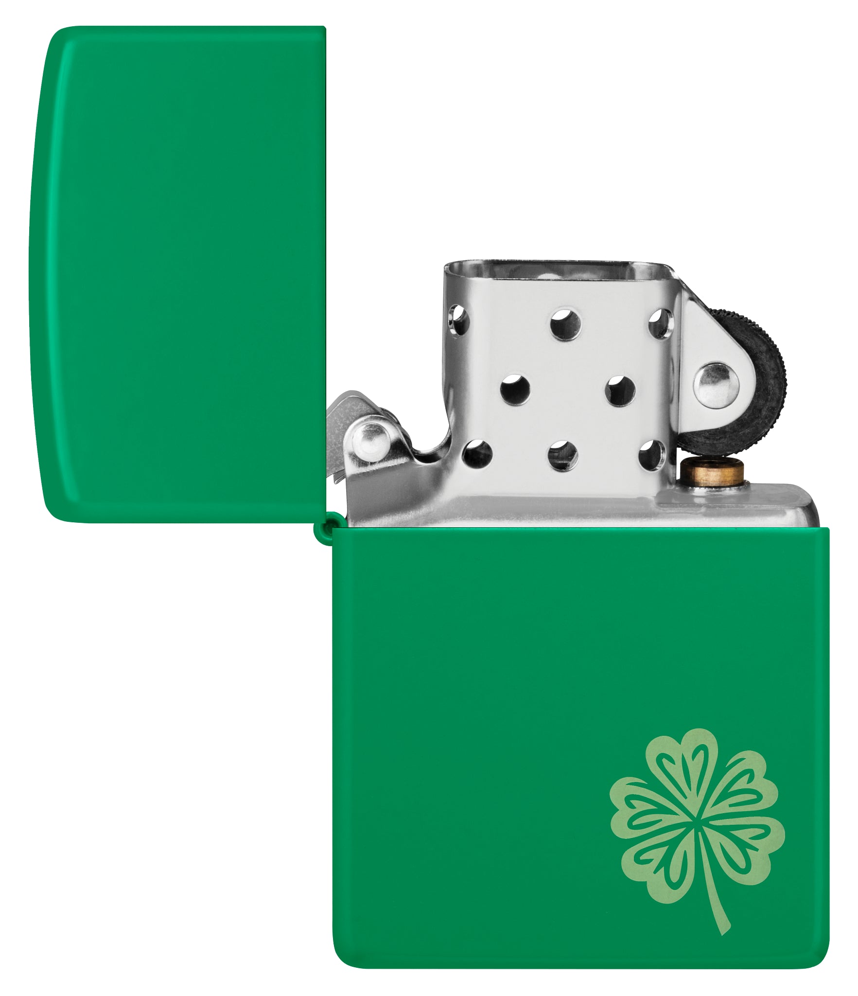 Zippo Lucky Clover Design Grass Green Matte Windproof Lighter with its lid open and unlit.