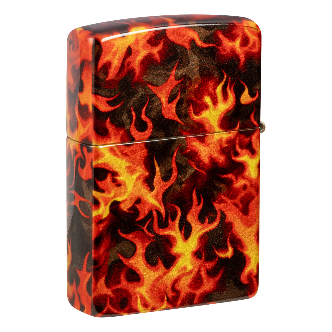 Back view of Zippo Inferno Design 540 Matte Windproof Lighter standing at a 3/4 angle.