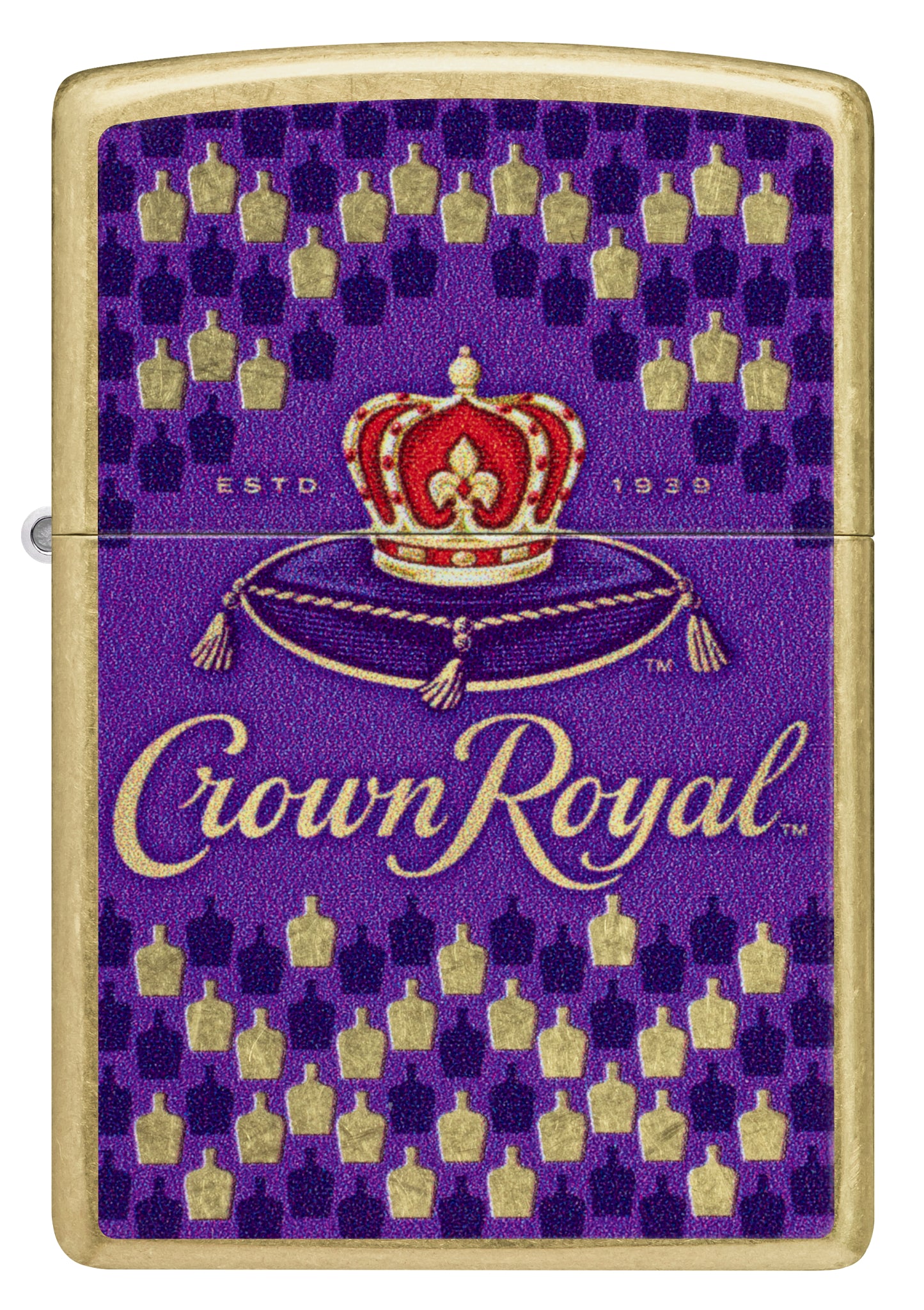 Front view of Zippo Crown Royal® Bottle Design Street Brass Windproof Lighter.