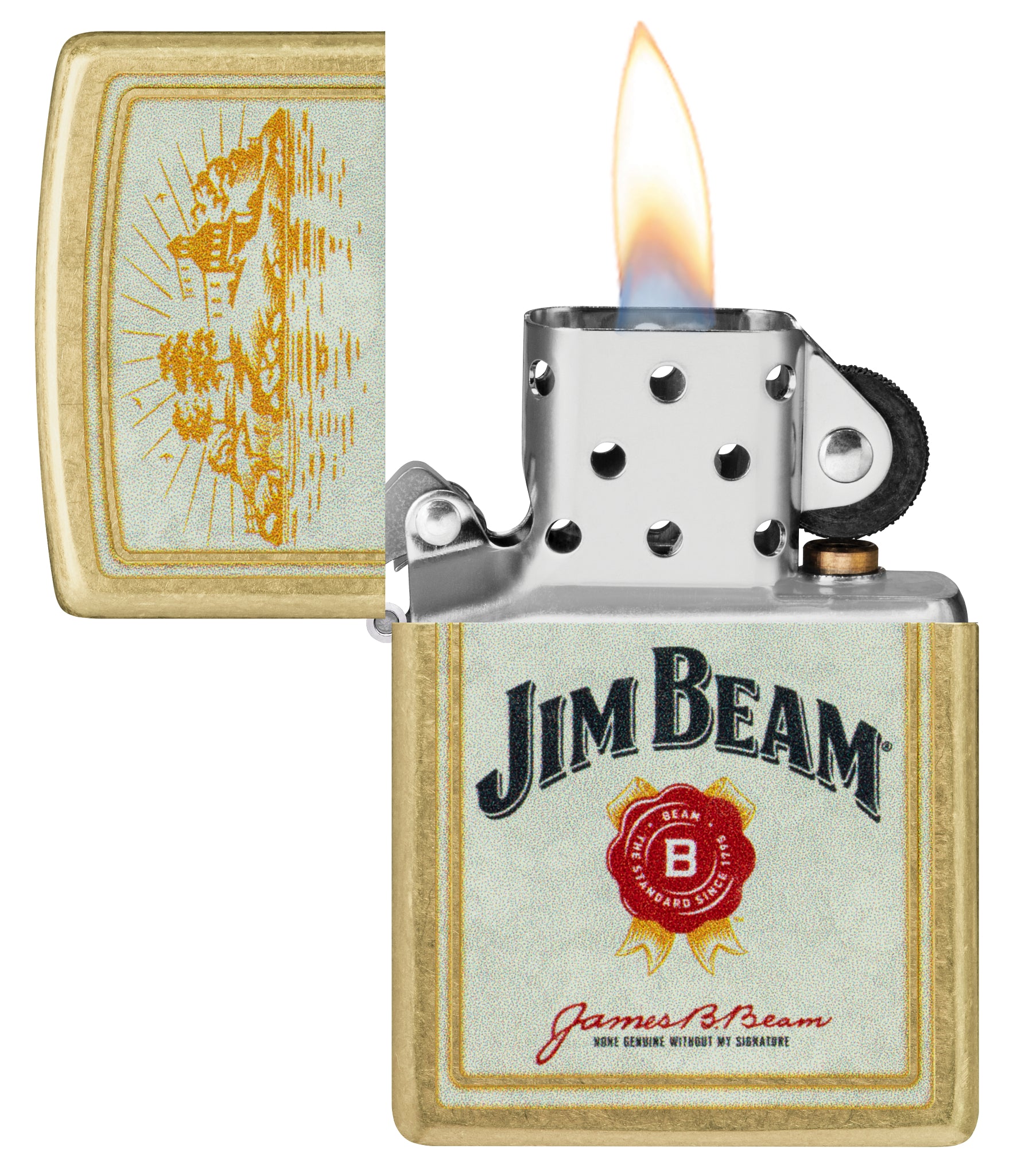 Zippo Jim Beam® Provenance Design Street Brass Windproof Lighter with its lid open and lit.