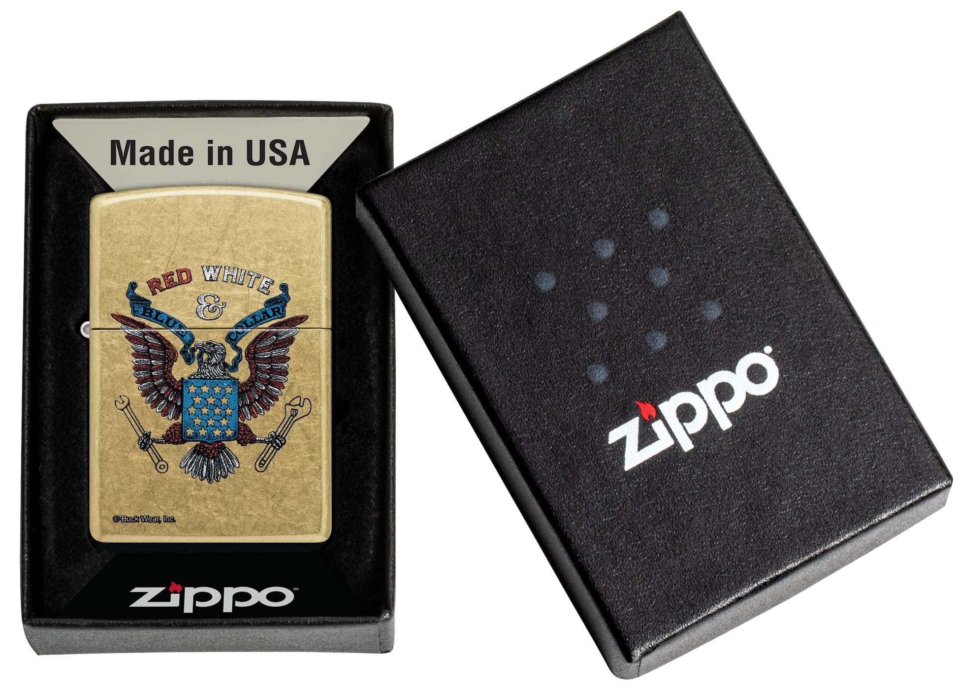 Zippo Buck Wear Red White & Blue Collar Design Street Brass Windproof Lighter in its packaging.