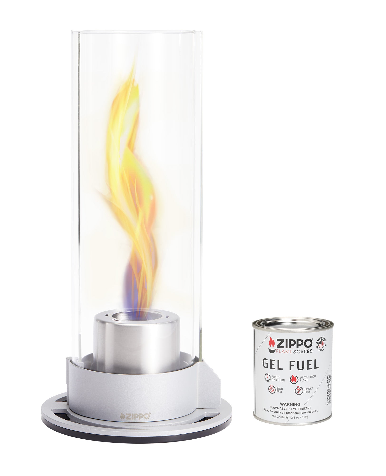 Front view of Zippo FlameScapes® Spiral Fire Feature XL in silver lit with Gel Fuel can.