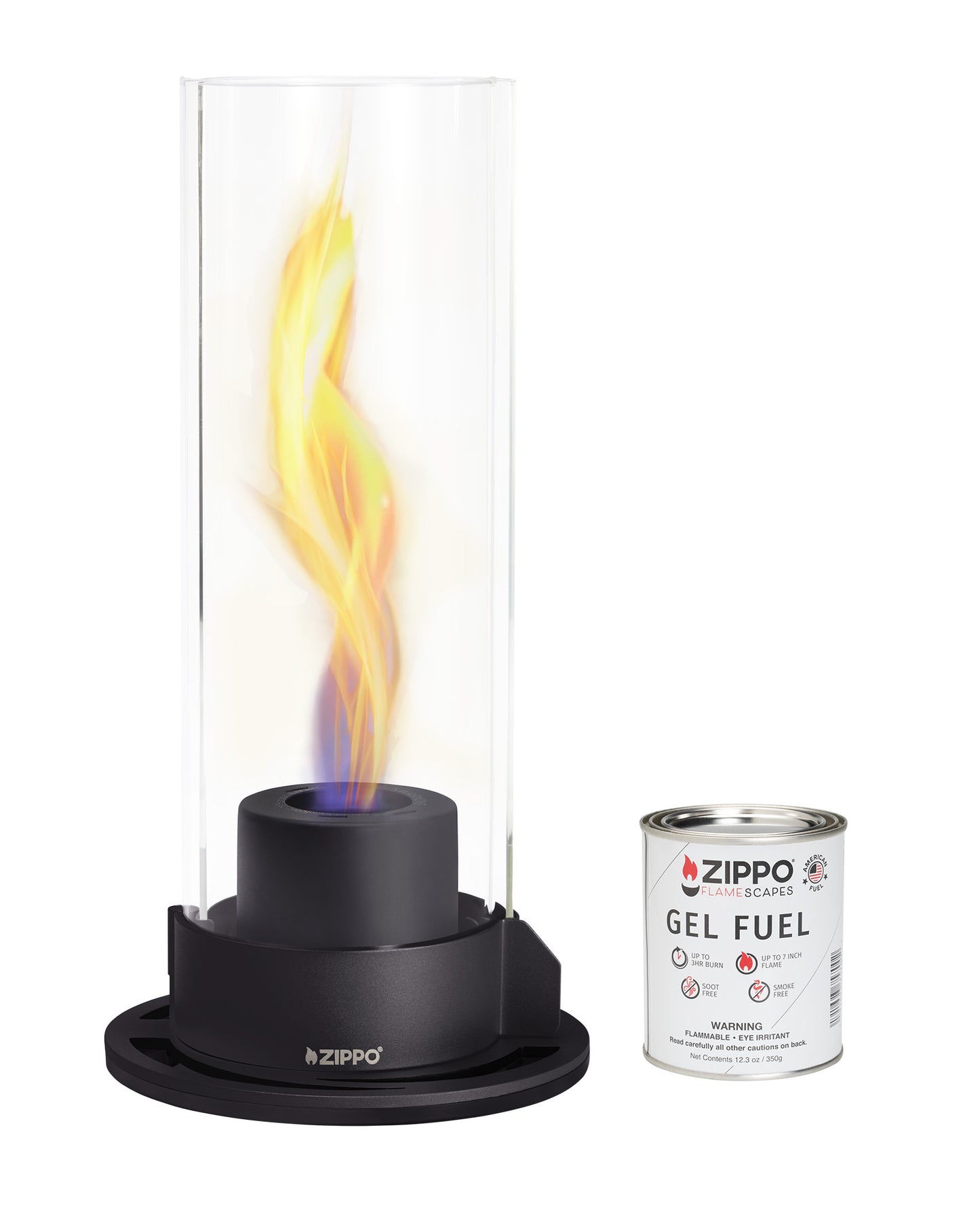 Front view of Zippo FlameScapes® Spiral Fire Feature XL in black lit with Gel Fuel can.