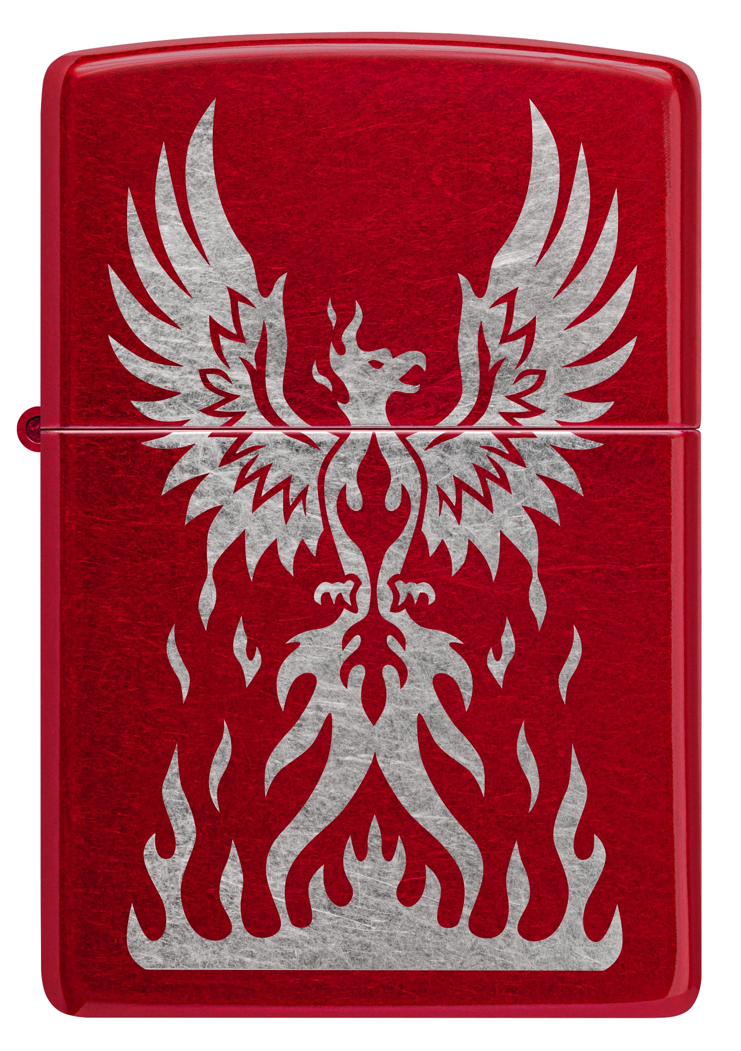 Front view of Zippo Phoenix Rising Design Candy Apple Red Windproof Lighter.