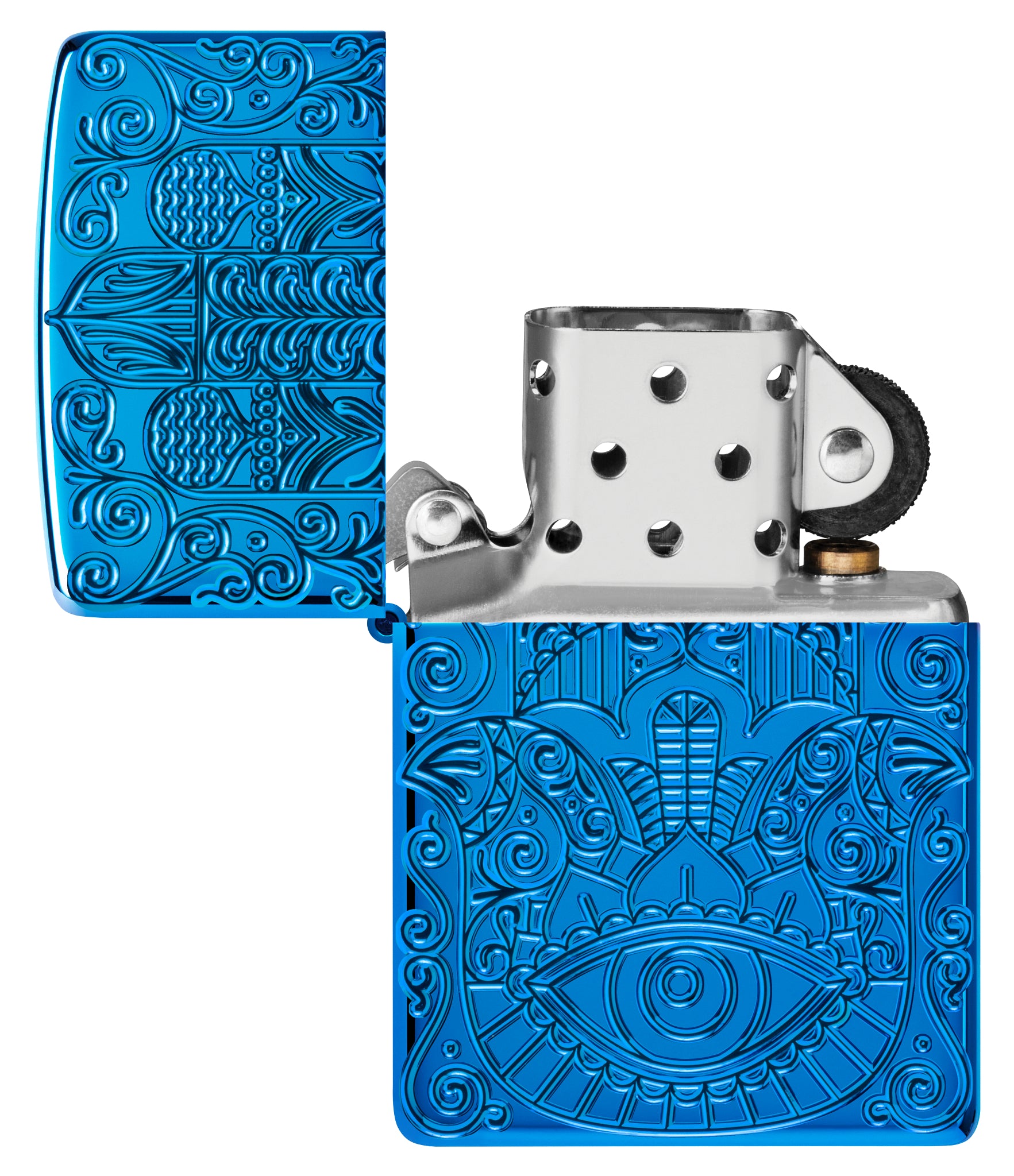 Zippo Hamsa Armor® High Polish Blue Windproof Lighter with its lid open and unlit.