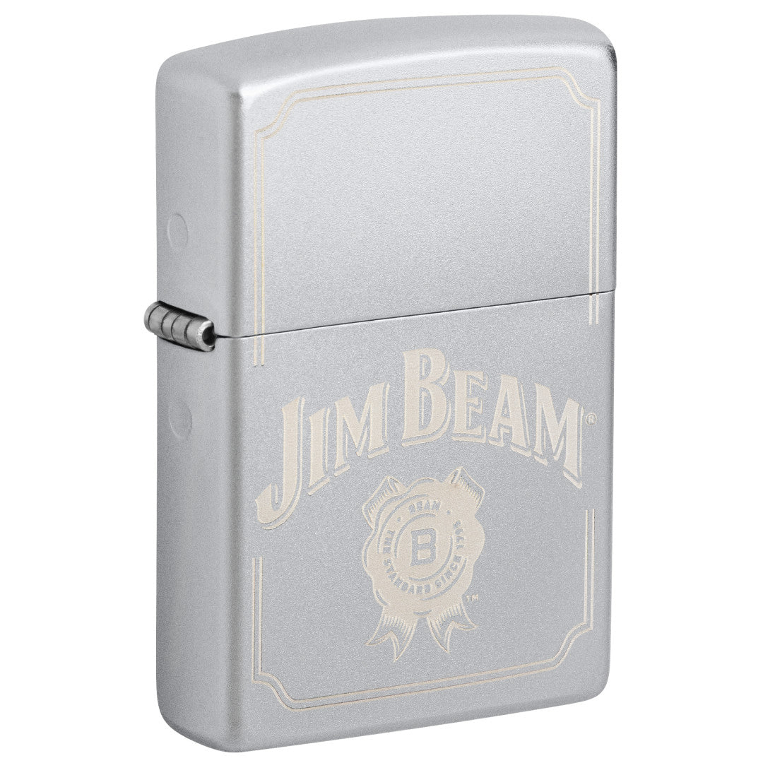 Front shot of Zippo Jim Beam® Border Design Satin Chrome Windproof Lighter standing at a 3/4 angle.