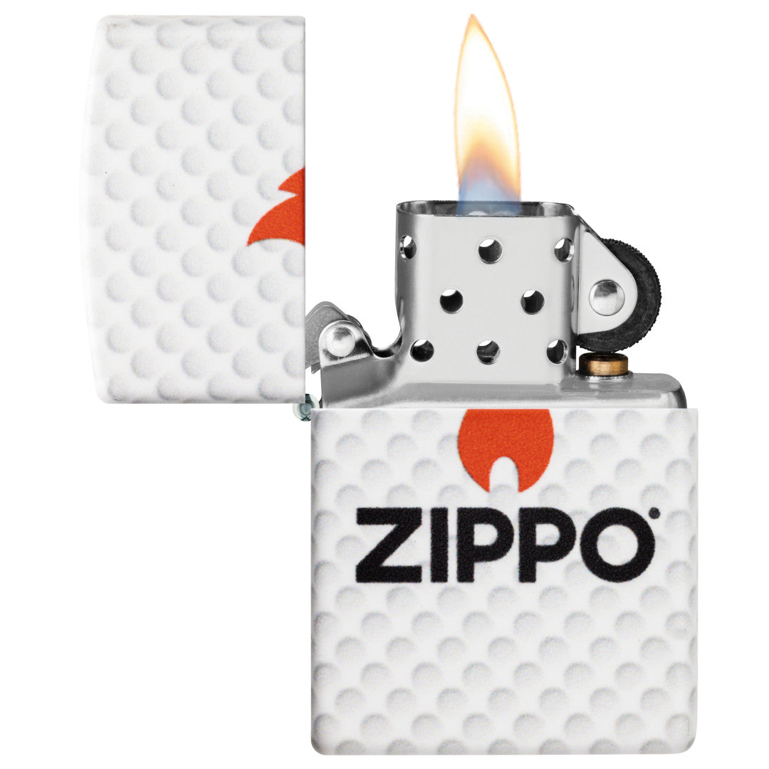 Zippo Golf Ball Design 540 Matte Windproof Lighter with its lid open and lit.