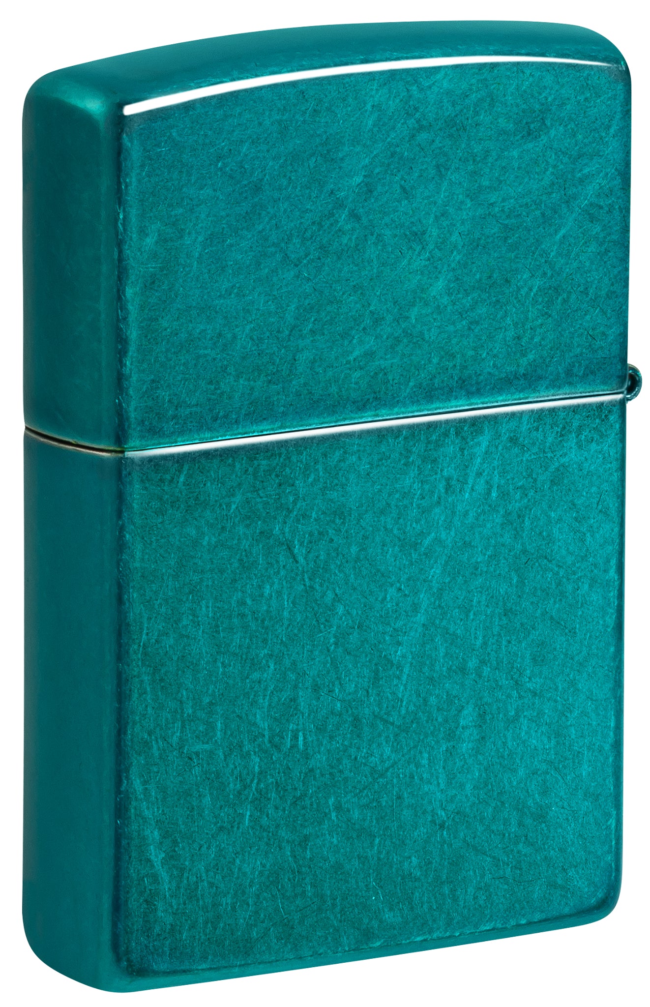 Back view of Zippo Classic Candy Teal Windproof Lighter standing at a 3/4 angle.