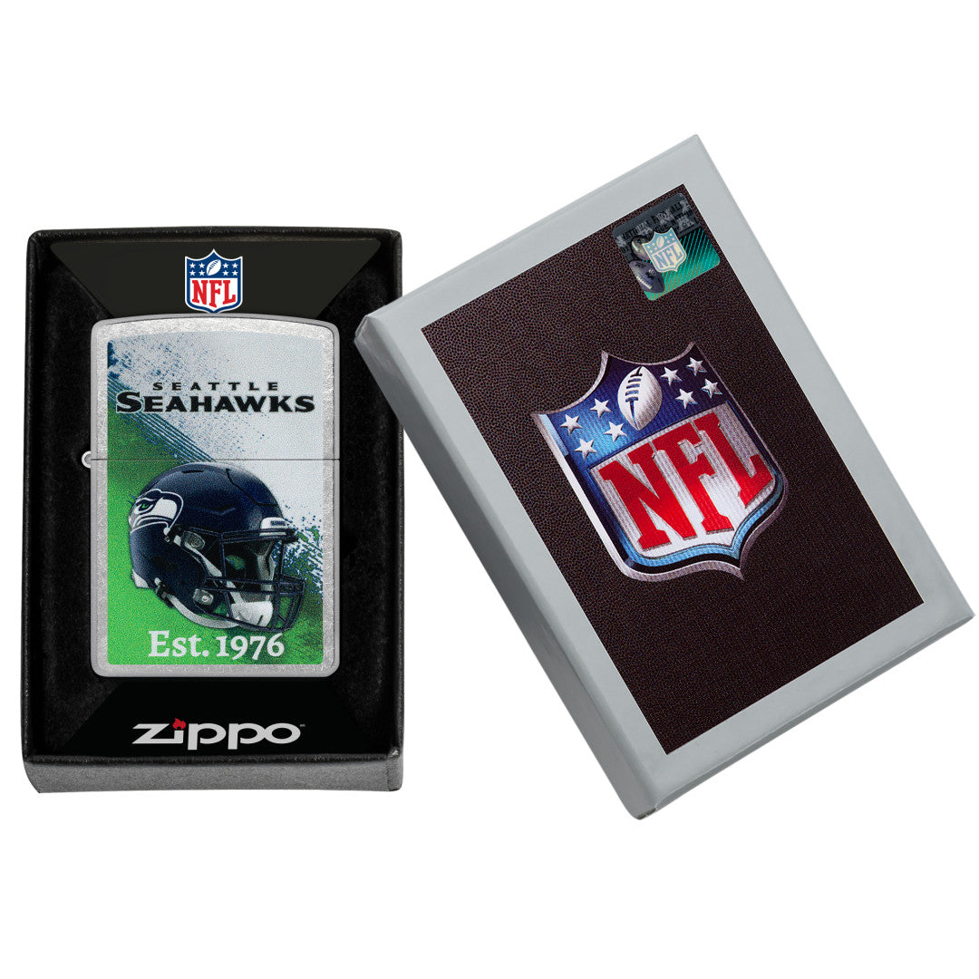 Zippo NFL Seattle Seahawks Helmet Design Street Chrome Windproof Lighter in its packaging.