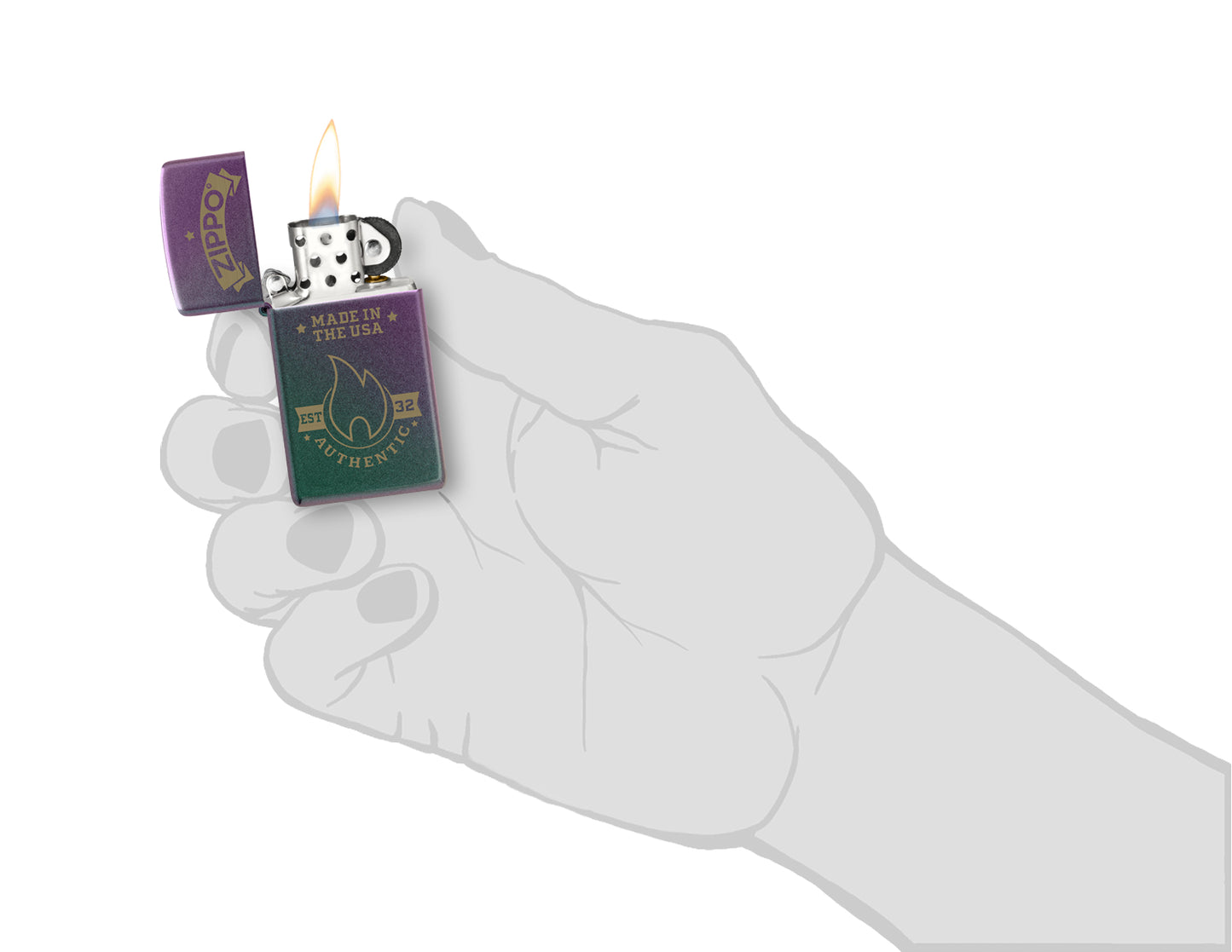 Zippo Authentic Zippo Design Slim Iridescent Windproof Lighter lit in hand.