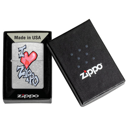 Zippo I Love Zippo Design Street Chrome Windproof Lighter in its packaging.
