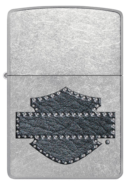 Front view of Zippo Harley-Davidson® Leathered Logo Design Street Chrome Windproof Lighter.
