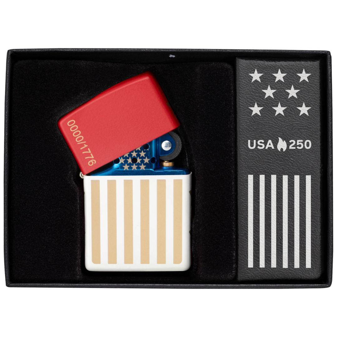 Zippo 250th Anniversary Collectible Red and White Matte Windproof Lighter in its packaging.
