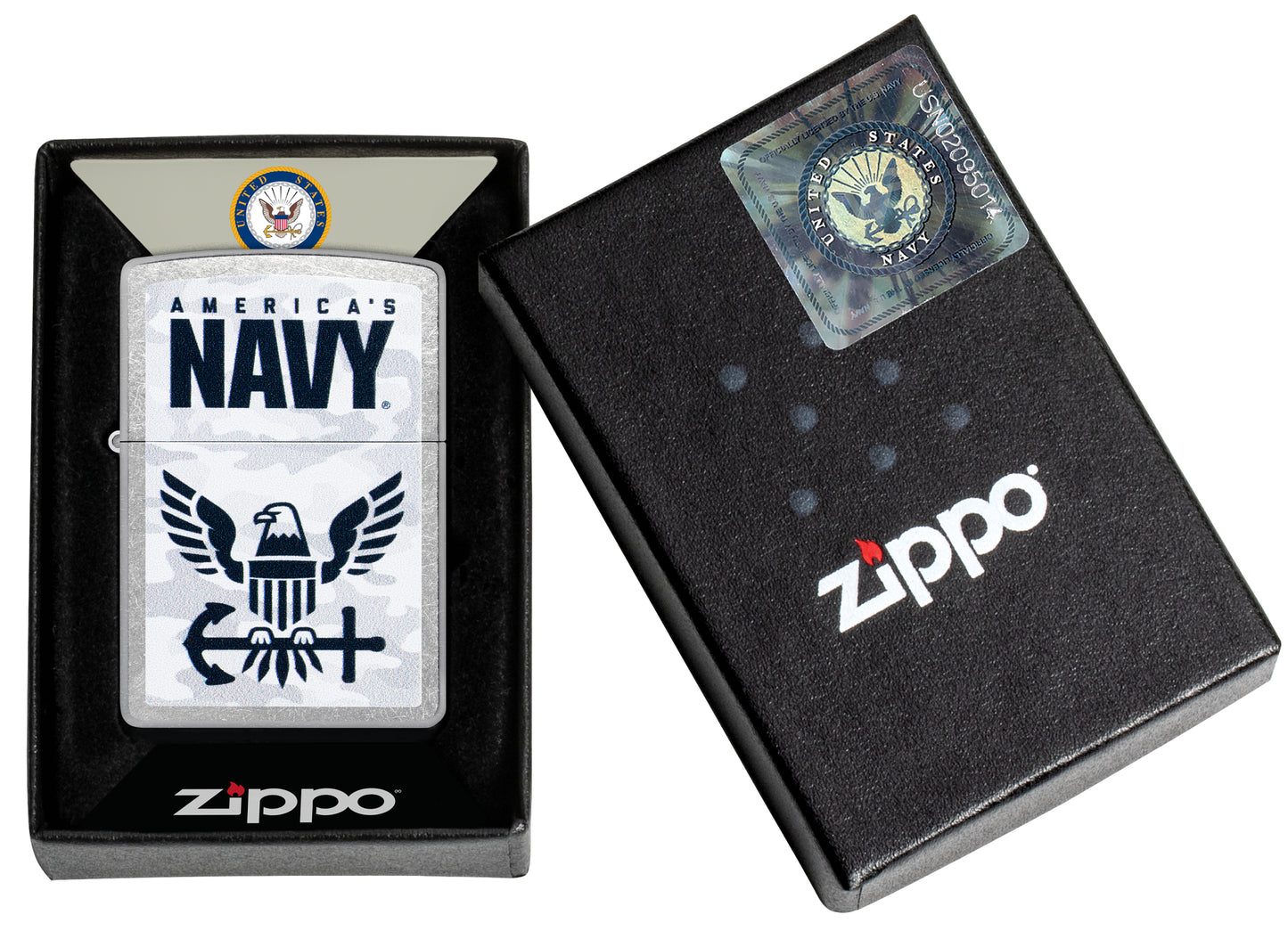 Zippo United States Navy® Camo Logo Design Street Chrome Windproof Lighter in its packaging.